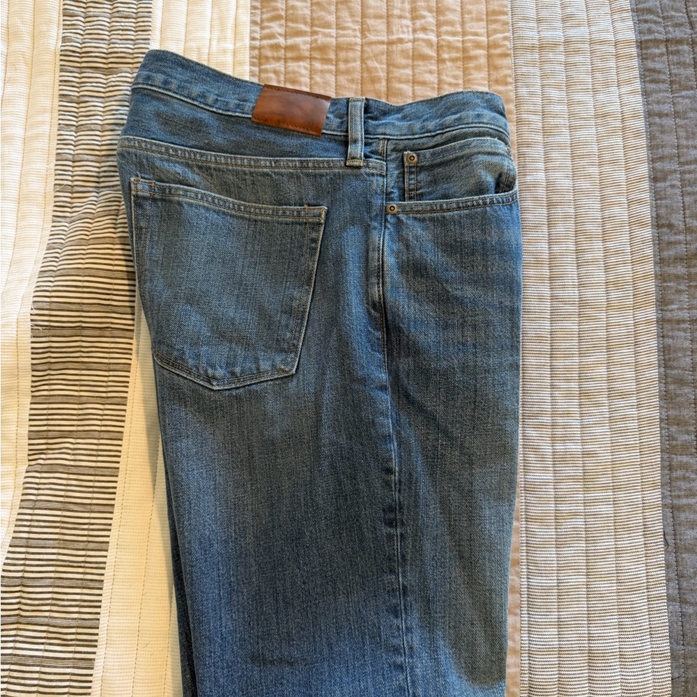 J. Crew Men's Straight Jeans in Medium Blue with Brown Patch